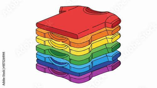 A stack of t-shirts, colored like a rainbow, piled one on top of another