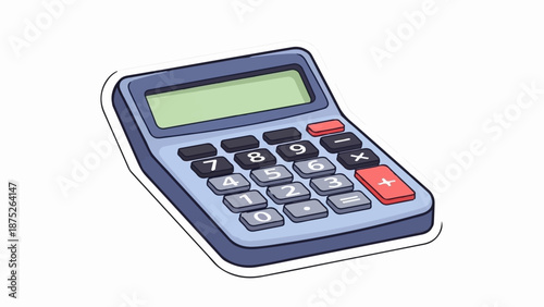 A simple, cartoon-style calculator with a green display and gray, red, and black buttons