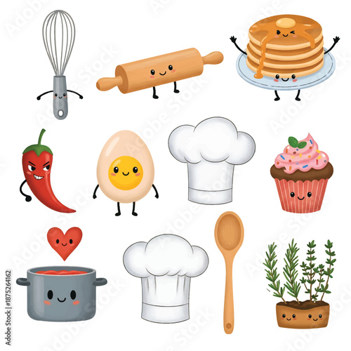 Kitchen utensils and cooking tools vector illustration with food and meal icons
