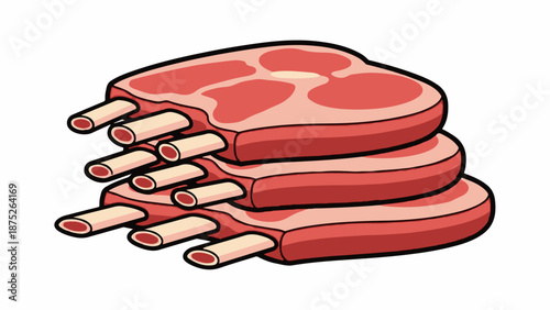 A stack of three raw pork chops with visible ribs, isolated on a white background