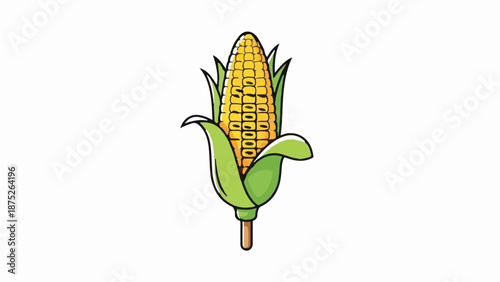 A simple cartoon-style illustration of a single ear of corn with green husks