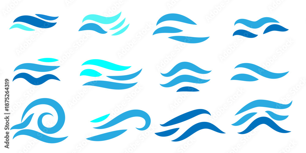 Fototapeta premium Set tribal wave blue line vector flat isolated, sea, ocean splash set