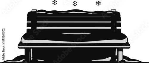 A stylized black and white illustration of a snow-covered park bench with falling snowflakes