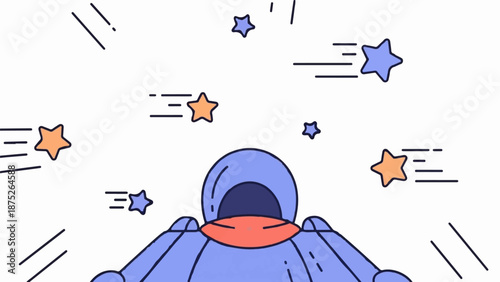 A stylized blue astronaut helmet and suit with streaks and stars