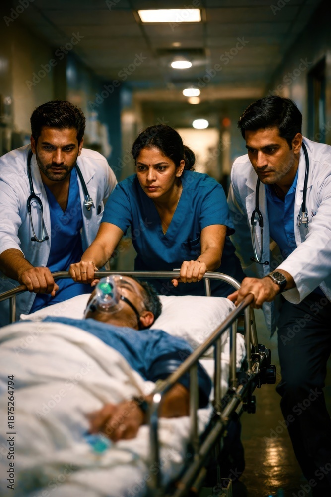 Obraz premium A group of doctors are lifting a patient onto a gurney