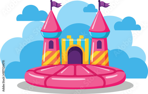 Pink inflatable bouncy castle with towers and flags against blue sky clouds background, cad drawing flat vector illustration for children playground concept