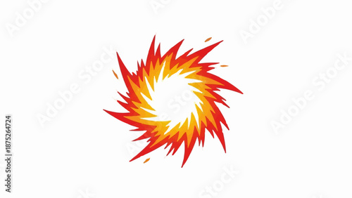 A stylized burst of vibrant red and orange fire erupts from a central point outwards