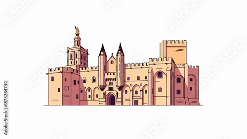 A stylized, graphic illustration of a large, ornate castle with multiple towers, crenellations, and arched doorways