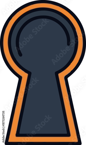 A stylized graphic illustration depicts a dark blue keyhole with an orange outline