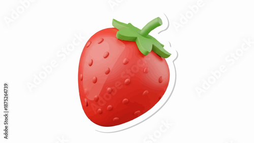 A stylized, glossy red strawberry with green leaves, isolated on a white background