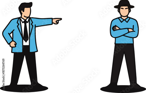 Two cartoon men standing in a confrontational stance, one pointing accusingly at the other who has his arms crossed, against a plain white background with a bold and tense mood.