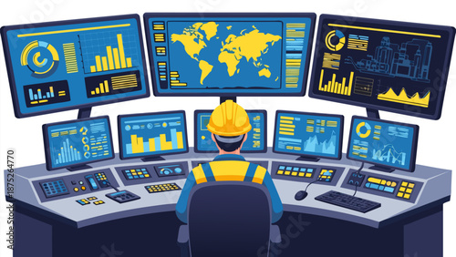 Control Room Monitoring System Vector Illustration of a technician overseeing multiple screens displaying data and analytics