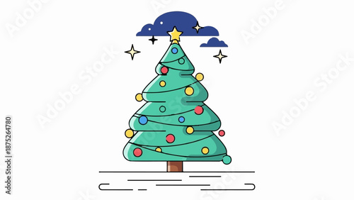 A stylized green Christmas tree decorated with colorful baubles and a star topper against a white background