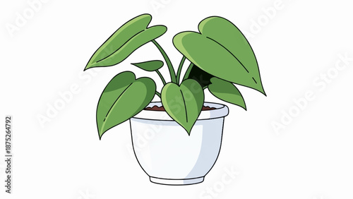 A stylized green houseplant with heart-shaped leaves sits in a white pot