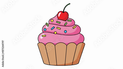 A stylized cartoon cupcake with pink frosting and colorful sprinkles, topped with a red cherry