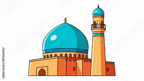 A stylized, cartoonish mosque with a prominent turquoise dome and matching minaret spire, set against a white background
