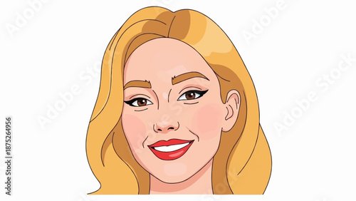 A stylized illustration depicts a smiling woman with blonde hair and rosy cheeks