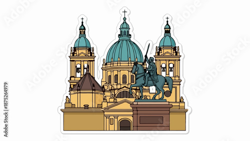 A stylized illustration depicts an equestrian statue before a grand, multi-domed architectural structure