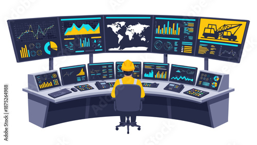 Vector illustration of a control room with multiple screens displaying charts and graphs, seen from behind a worker