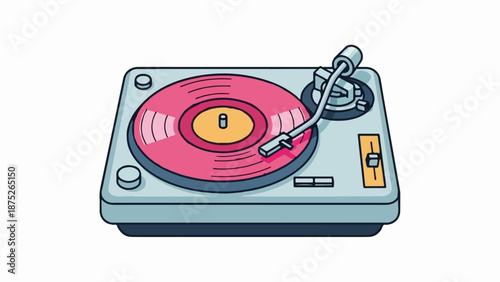 A stylized illustration of a vintage turntable with a pink vinyl record spinning