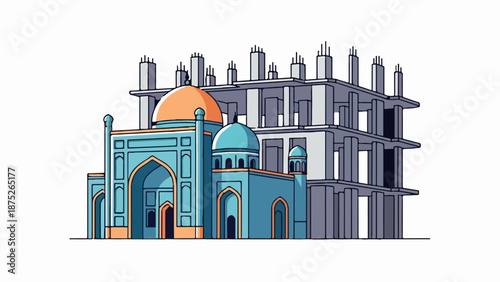 A stylized illustration of an ancient blue building with orange domes stands next to a modern concrete structure