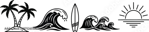 Tropical beach theme palm trees, horizon, ocean waves, and a surfboard vector. 