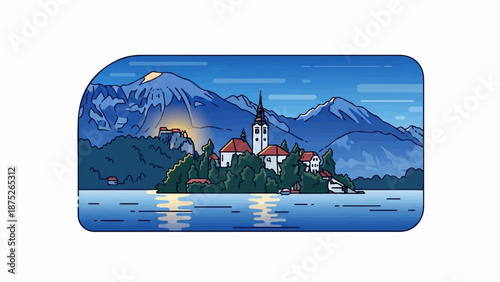 A stylized island village with a church steeple sits amidst trees by a calm lake below mountains at dusk