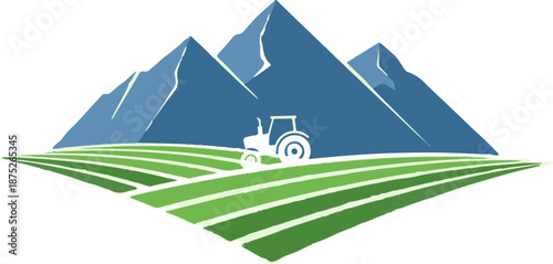 A stylized landscape featuring rolling green fields and imposing blue mountains behind a white tractor