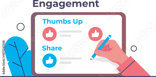 Social Media Engagement Concept with Thumbs Up and Share Icons on Digital Screen Flat Vector Illustration