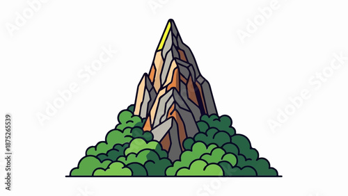 A stylized mountain peak with vibrant green foliage at its base
