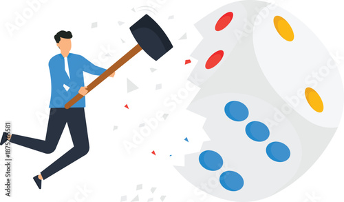 Businessman smashing large dice representing risk management and taking control, overcoming challenge, breaking cycle, strategic decision, determined man, financial risk concept