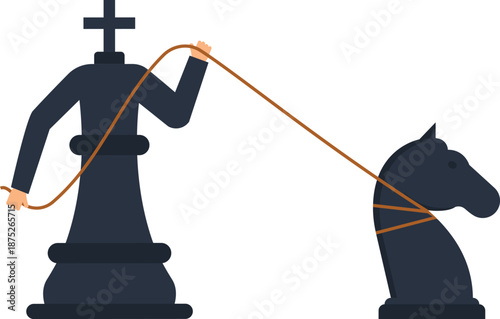 Chess King piece controlling Knight piece strategic business leadership concept power dynamics management metaphor game planning team direction corporate hierarchy flat design simple graphic