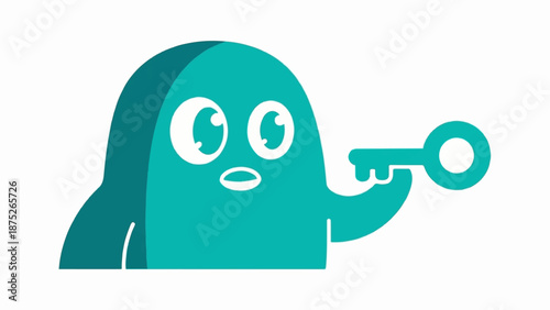 A turquoise blob creature with wide eyes and a small mouth holds a key