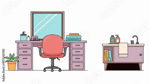 A vanity and a sink cabinet with beauty products and towels, set against a white background