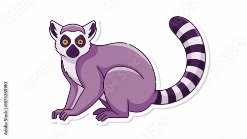 A stylized purple lemur with bright orange eyes and a striped tail sits
