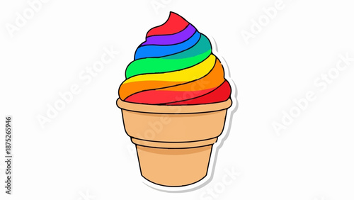 A stylized rainbow soft-serve ice cream in a cone