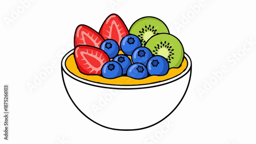 A vibrant bowl overflowing with colorful strawberries, blueberries, and kiwi slices