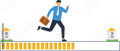 Businessman running quickly, progress bar visualization, distance marker achievement, urgent deadline pressure, business success journey, corporate challenge completion, forward movement concept.
