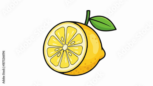 A vibrant, cartoon-style illustration of a halved lemon with a stem and leaf