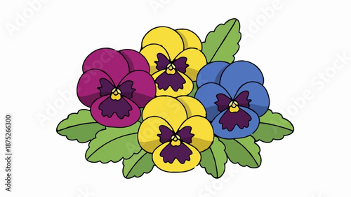 A vibrant cluster of three pansy flowers in purple, yellow, and blue