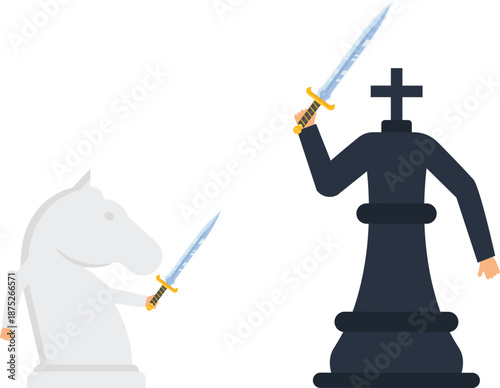 Chess pieces strategic conflict King piece Knight piece sword battle business rivalry game strategy competition concept