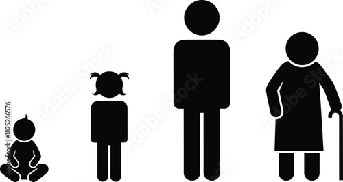 Human life stages vector illustration, from baby to elderly, depicting growth, aging process, family concept, evolution of life cycle
