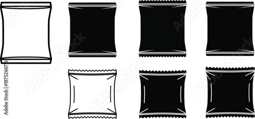 Snack bags or sachets. Chip bag snack wrapper vector icon silhouette. 