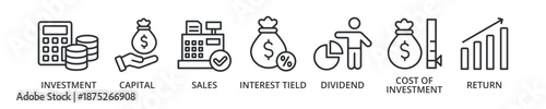 Roi banner icon with investment, capital, sales, interest tield, dividend, cost of investment, return