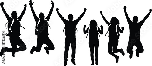 Silhouette of a group of people jumping with backpacks, expressing excitement, adventure, freedom, outdoor activity, and teamwork, vector illustration