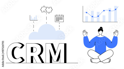 Business productivity, workflow optimization, data analytics, human wellbeing, CRM systems, task planning. CRM text, cloud with puzzle and calendar woman meditating analytics chart. Business