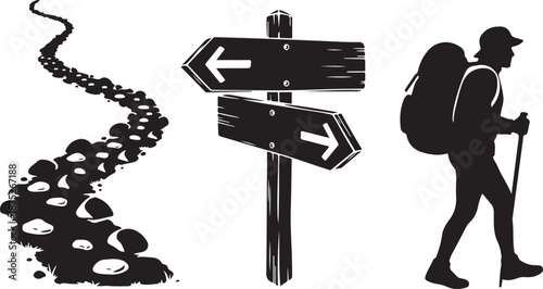 Hiker at crossroads with path and direction signs ahead