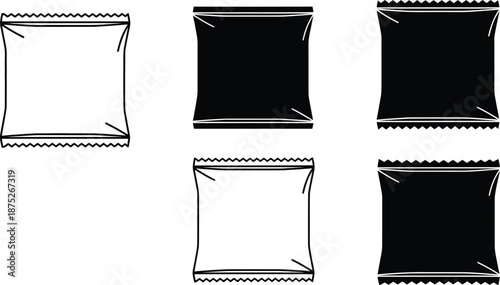 Snack bags or sachets. Chip bag snack wrapper vector icon silhouette. 