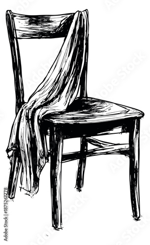 Hand drawn line art illustration of a wooden chair depicting a piece of fabric draped over it for interior design and home decor