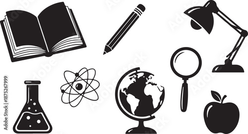 Education icons and school supplies in black and white